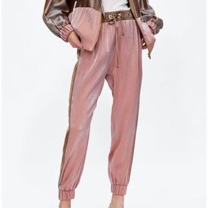 Zara| Pink/Tan/Cream Crinkle Satin Jogger Pants Sz S